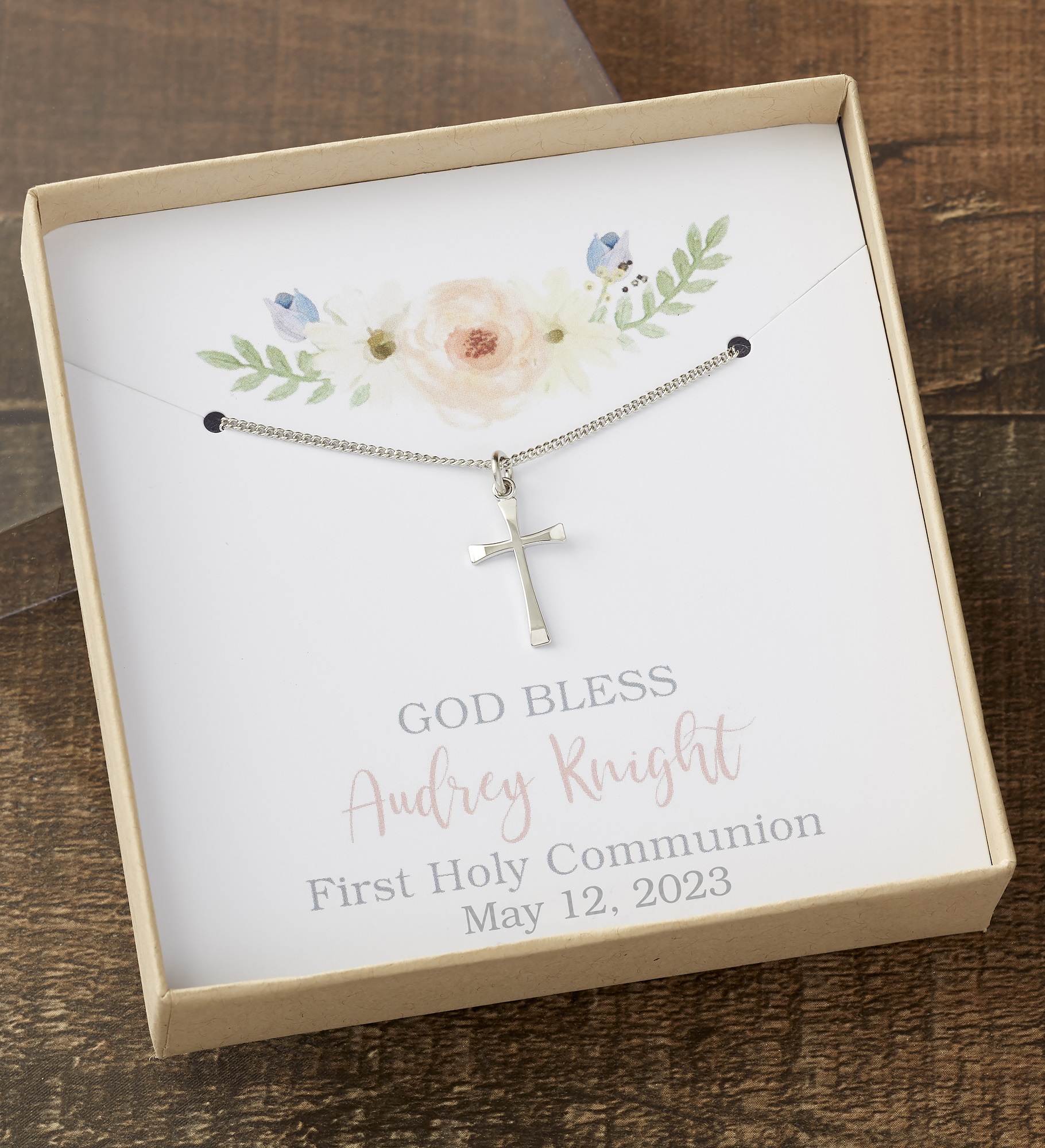 First Communion Cross Necklace With Personalized Message Card